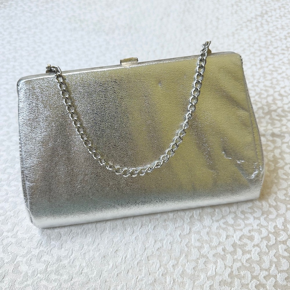 Vintage Silver Metallic Evening Bag Clutch with Chain Strap Prom Party